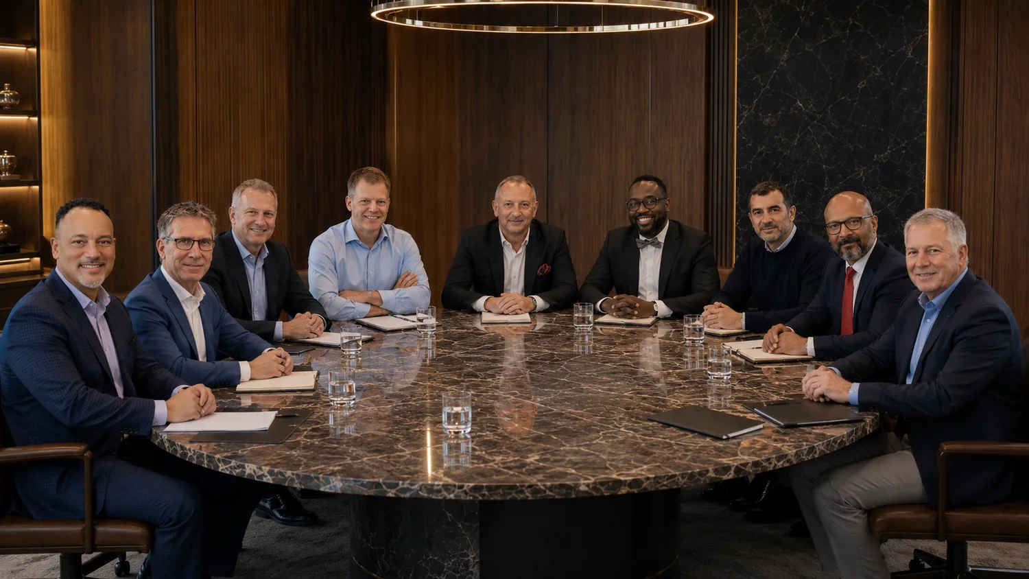 An illustrative convening of nine seats around a boardroom table