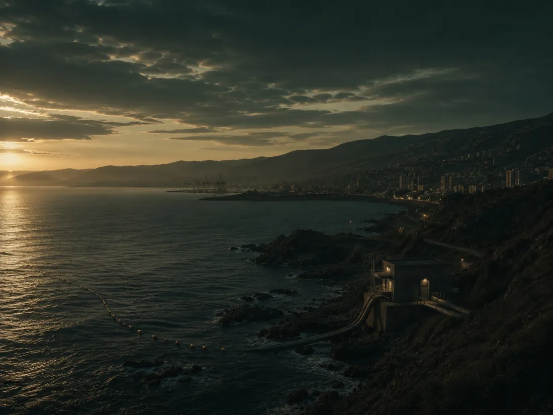 A coastal cable station on the Pacific shore at sunset