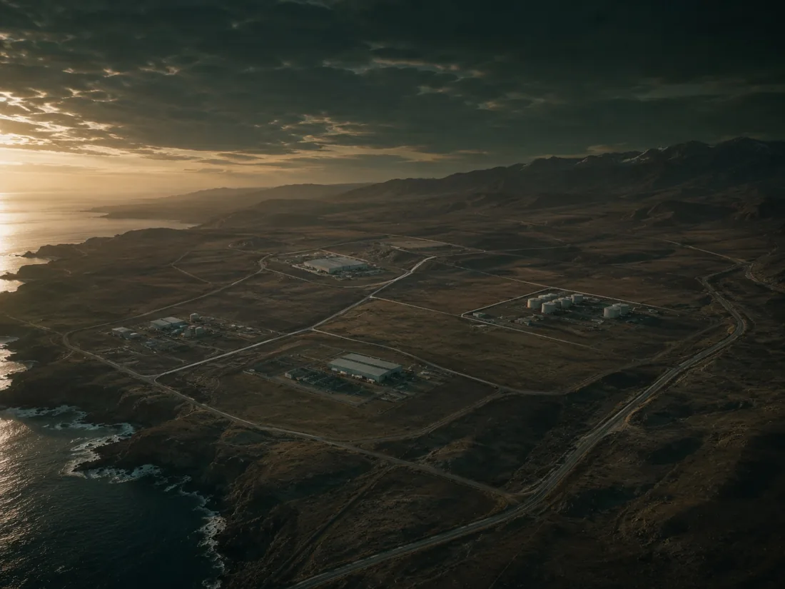 An aerial view of a hyperscale data centre campus on the coast