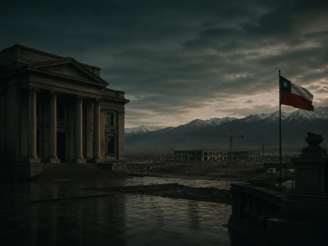 A neoclassical courthouse and the Chilean flag beside construction