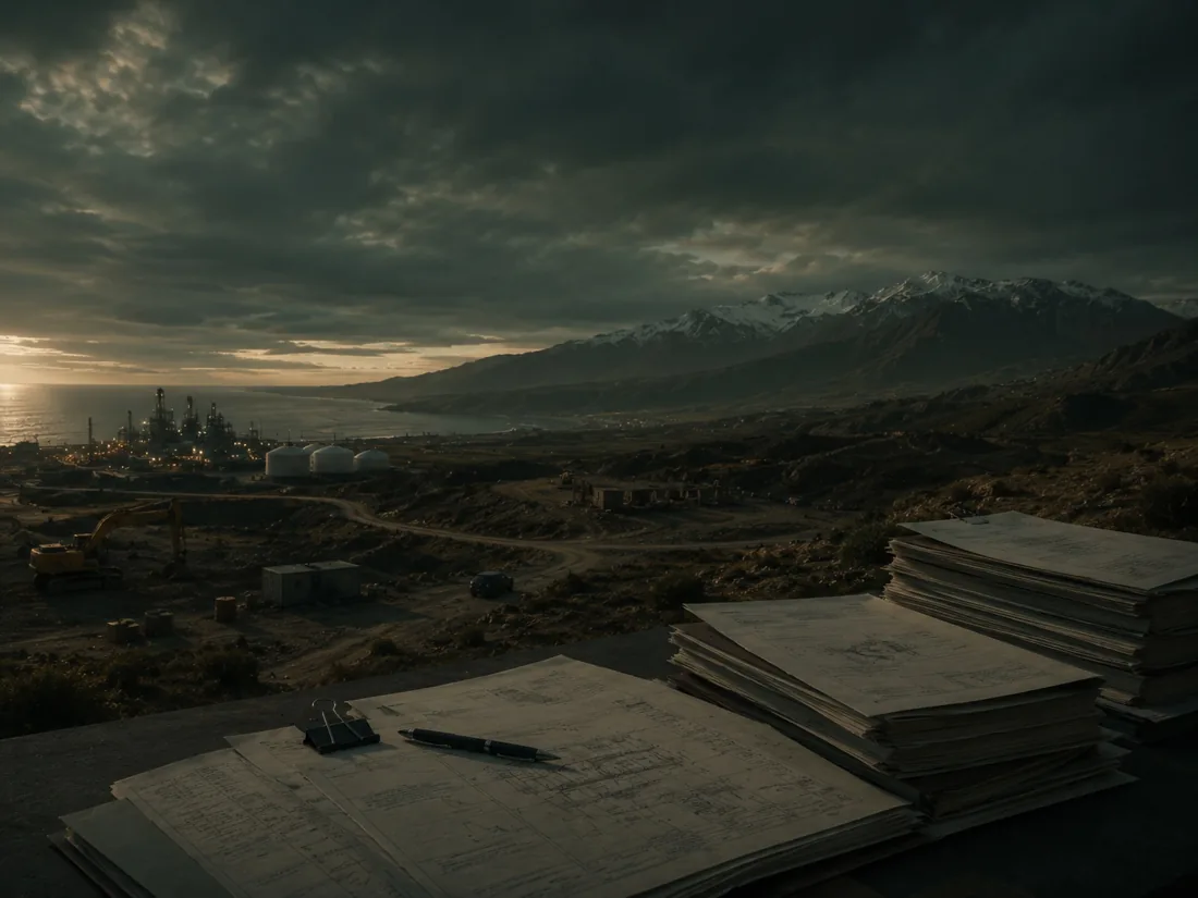 Planning documents and blueprints with an industrial coast beyond
