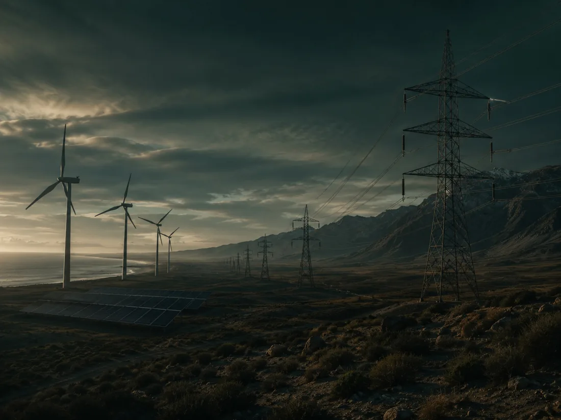 Wind turbines, solar panels and transmission lines in northern Chile