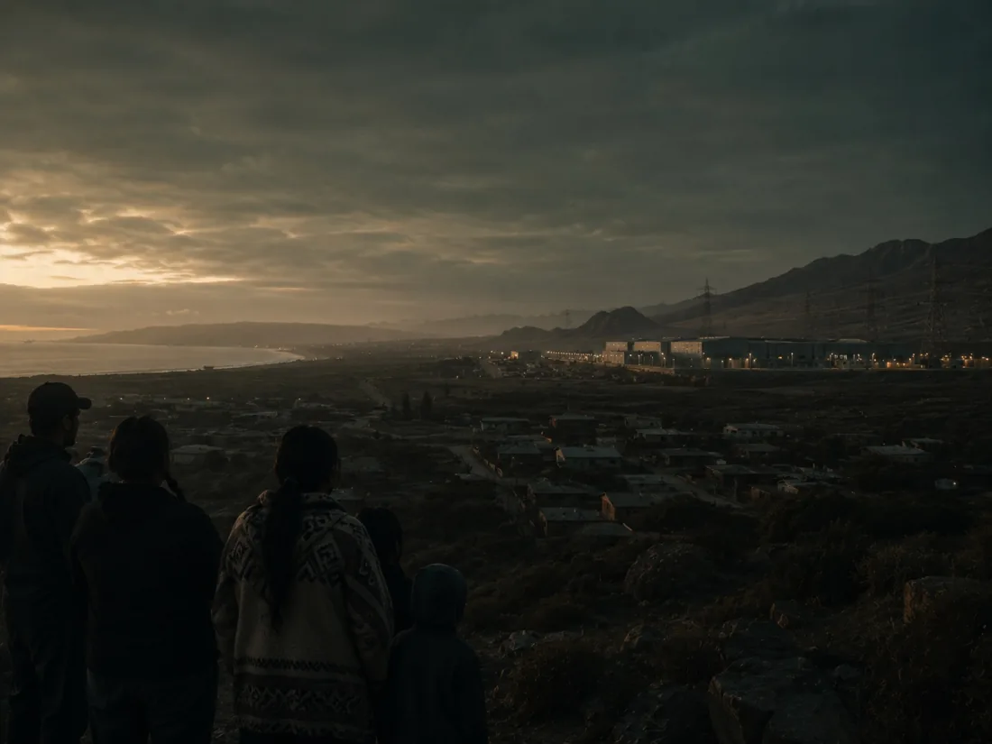 A family looking out over a Chilean town at dusk
