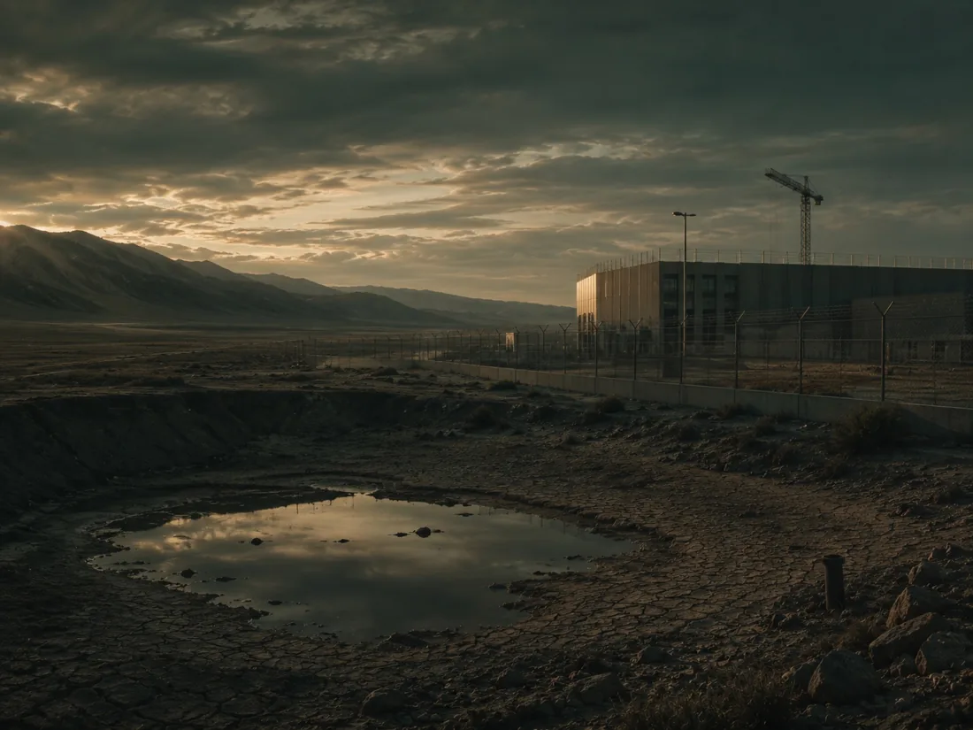 A data centre beside a water pool on arid Chilean land