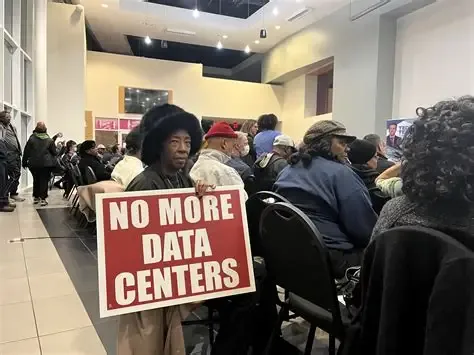 A resident holding a NO MORE DATA CENTERS placard at a public planning meeting.
