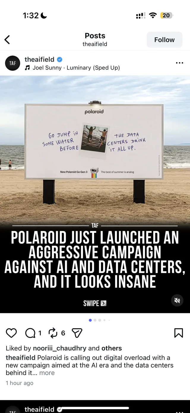 Clip account reposting the Polaroid anti-data-centre billboard