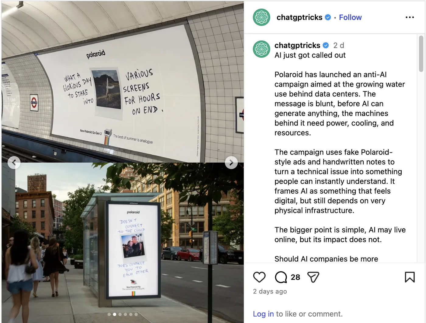 A real anti-AI Polaroid campaign that frames data centres as the problem.