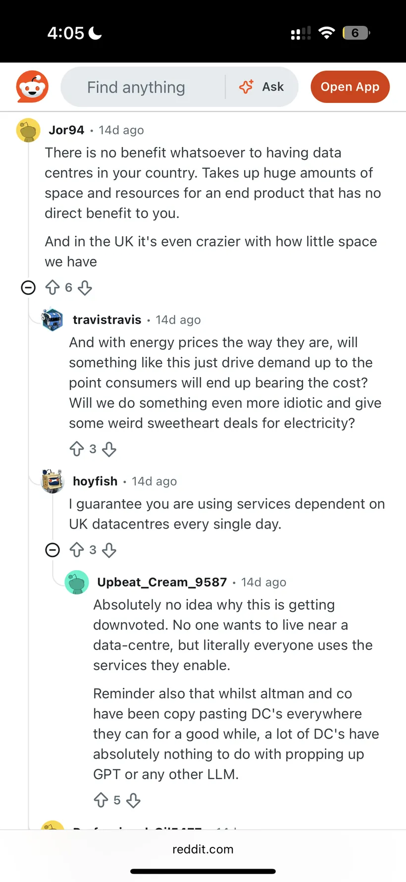 Reddit thread: data centres bring no benefit, and replies noting everyone uses them daily