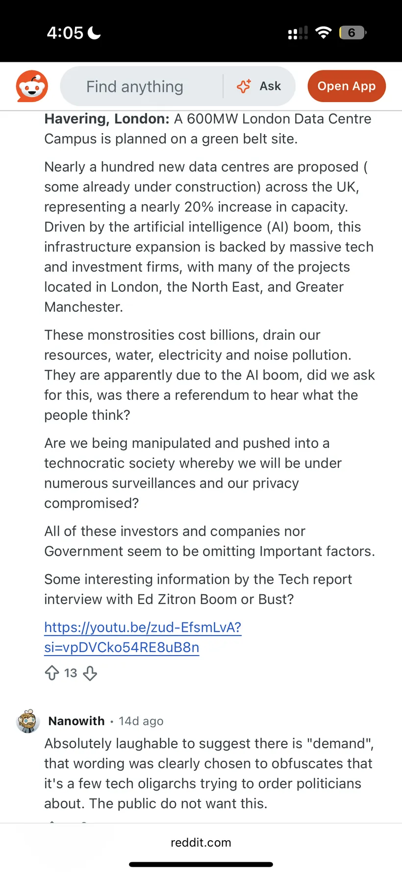 Reddit thread: new UK data centres called monstrosities, asking whether the public was consulted