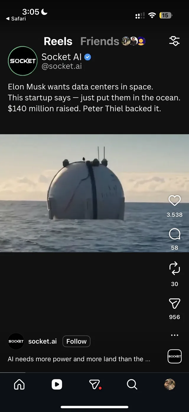Instagram reel claiming a startup will put data centres in the ocean, with a comment war beneath it