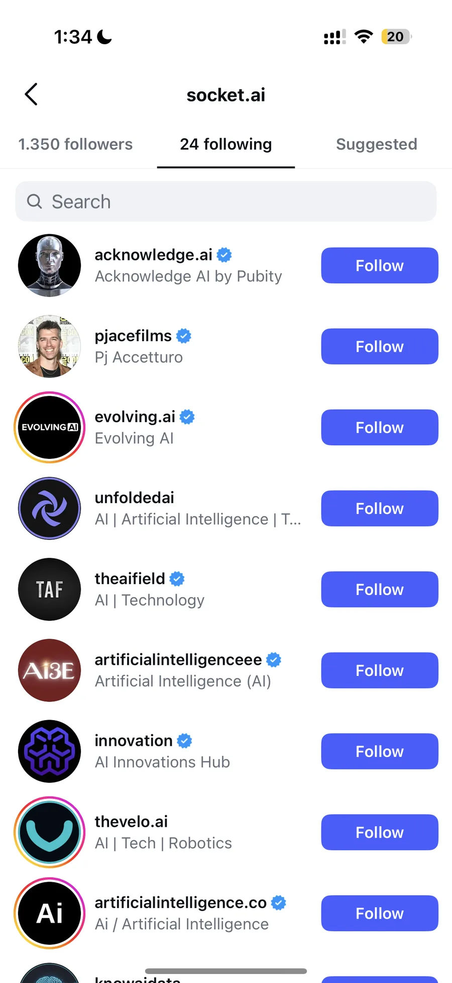 An AI-content account and its following list