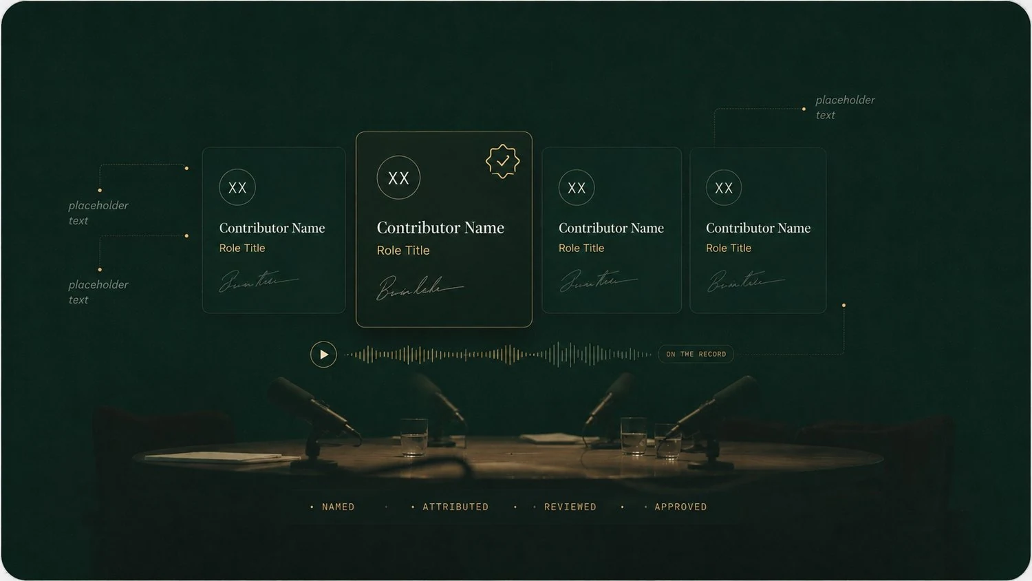 Named contributor cards over a round-table recording setup, on the record