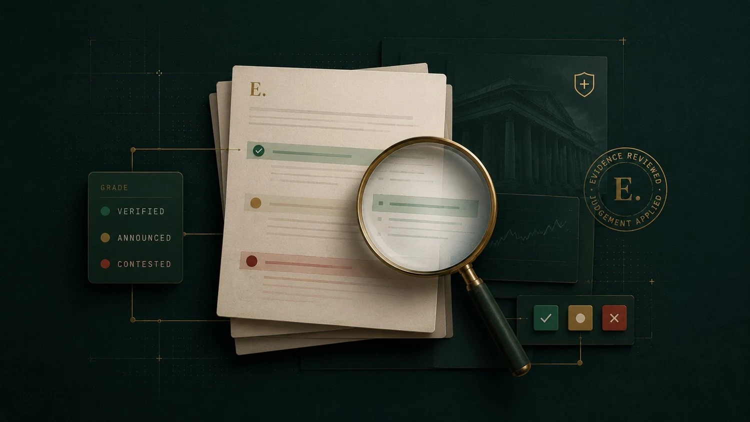Claims graded Verified, Announced or Contested, with a magnifying glass over a document