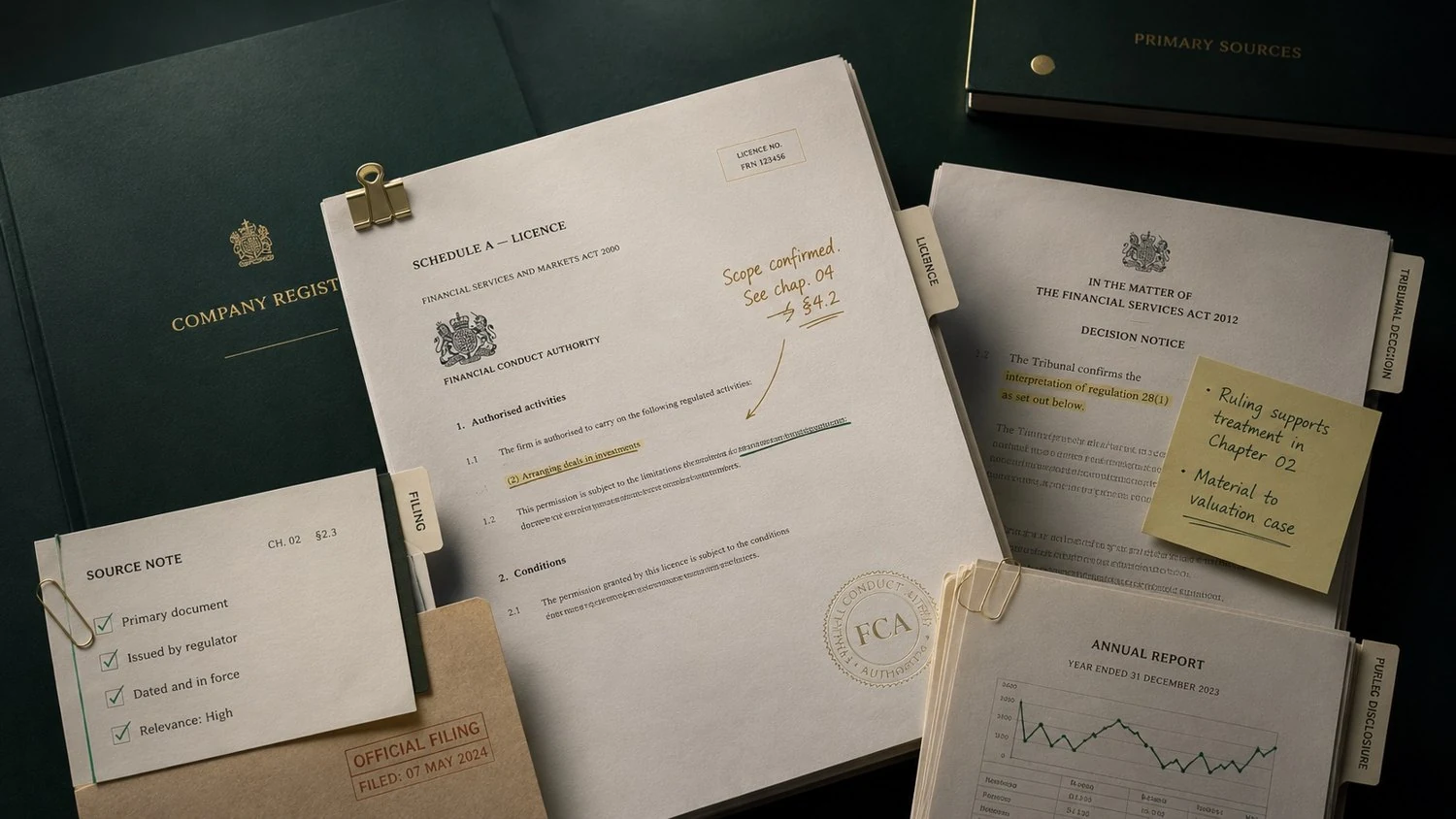 Primary documents &ndash; an FCA licence and tribunal notice &ndash; annotated and filed