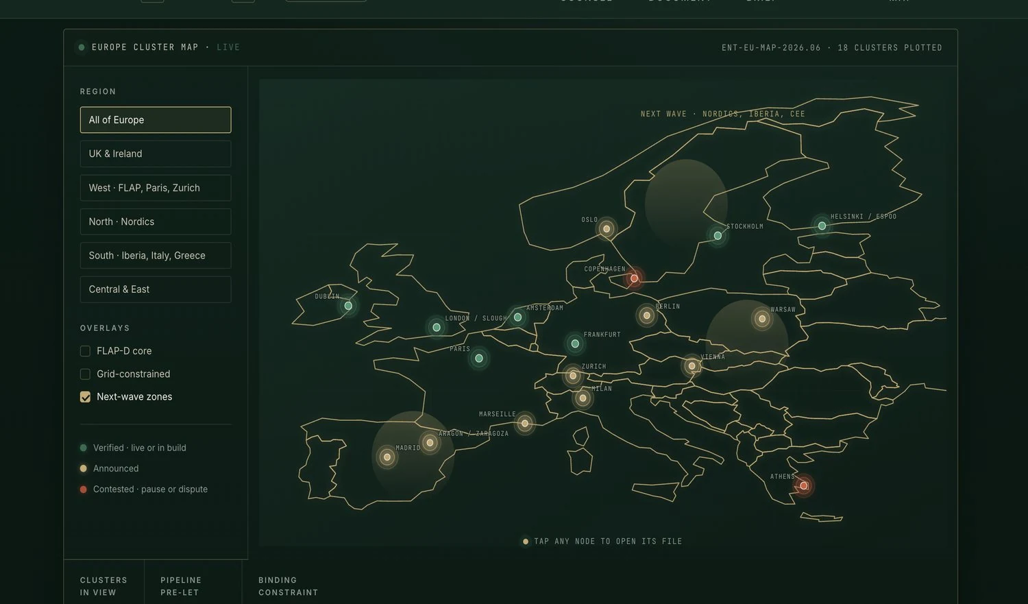 The Europe cluster map, eighteen clusters plotted
