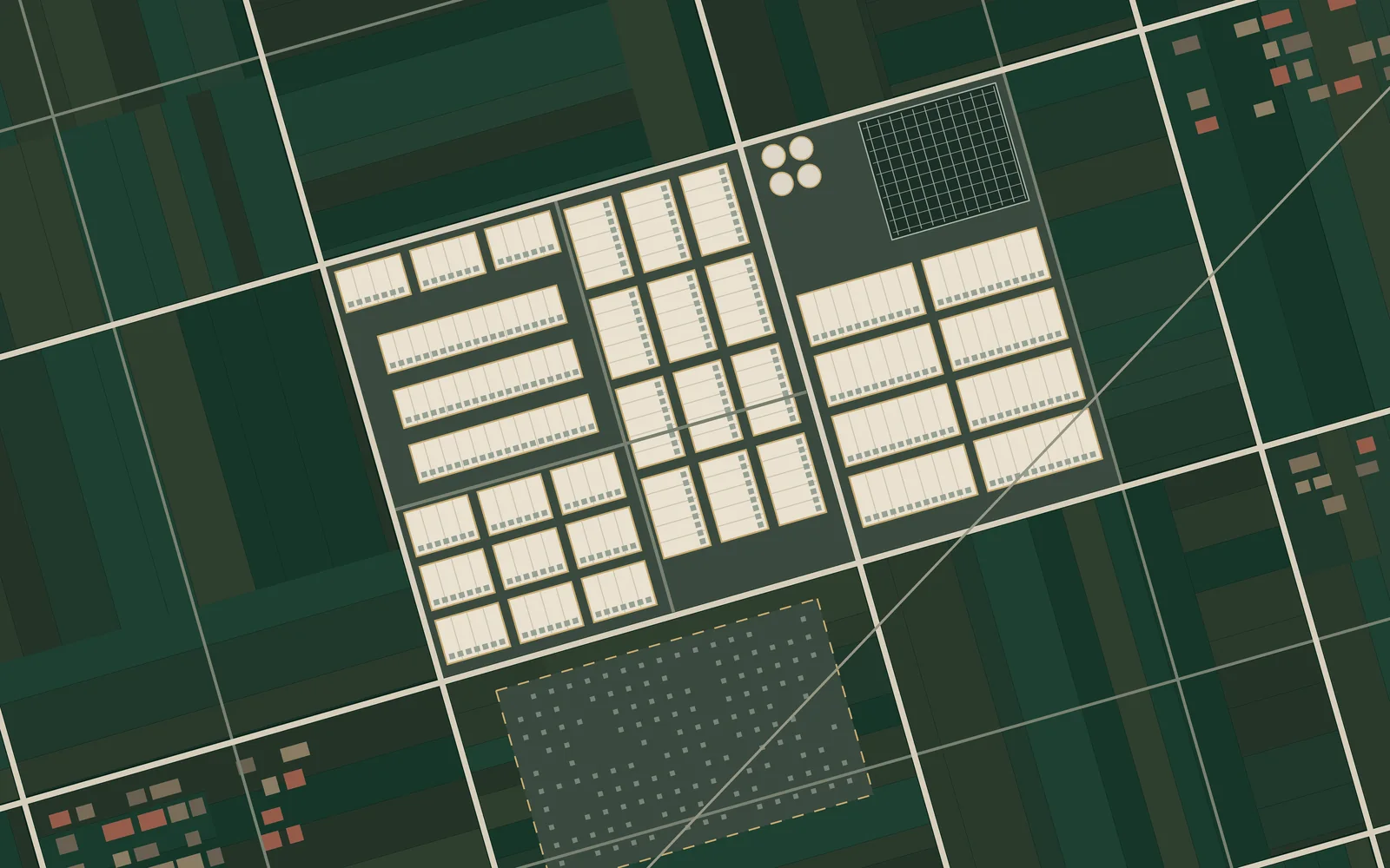 Illustrative plan of the VNET campus at Bayin in 2026: a dense grid of data halls, an eastern expansion with a substation, and foundations for more halls to the south.