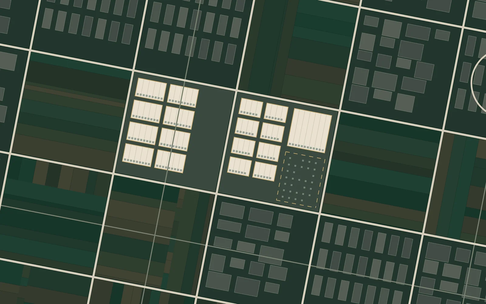 Illustrative plan of the Huawei campus at Horinger in 2026: two blocks of data halls on former open ground, with foundation work beside them, in a district that has filled in with new buildings.