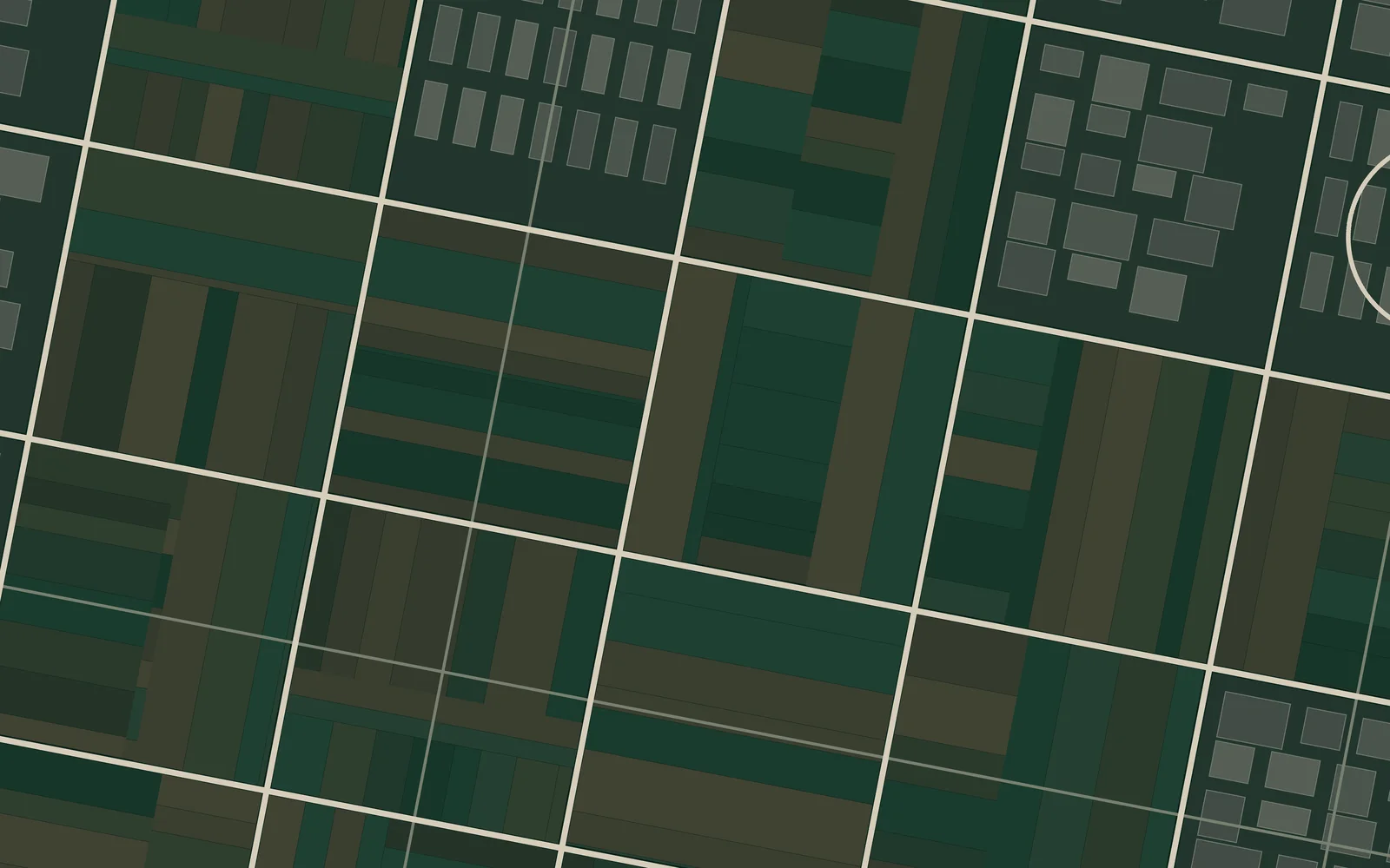 Illustrative plan of the same district in 2020: a partly built town grid with the future campus blocks still open ground.
