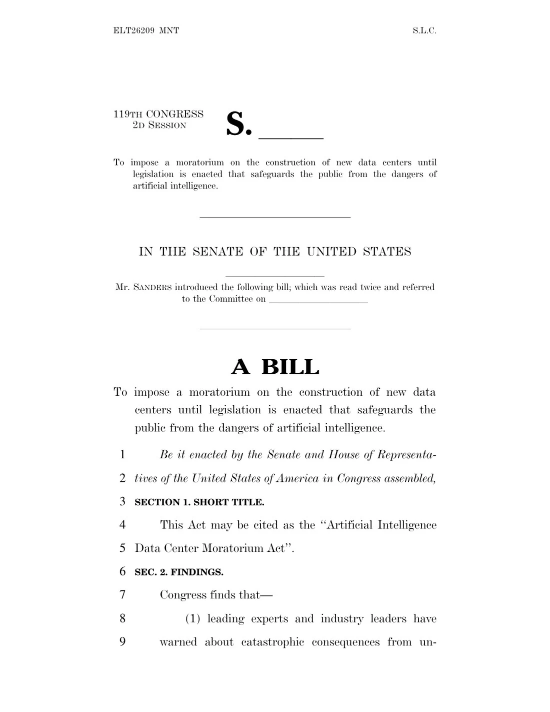 First page of the Artificial Intelligence Data Center Moratorium Act